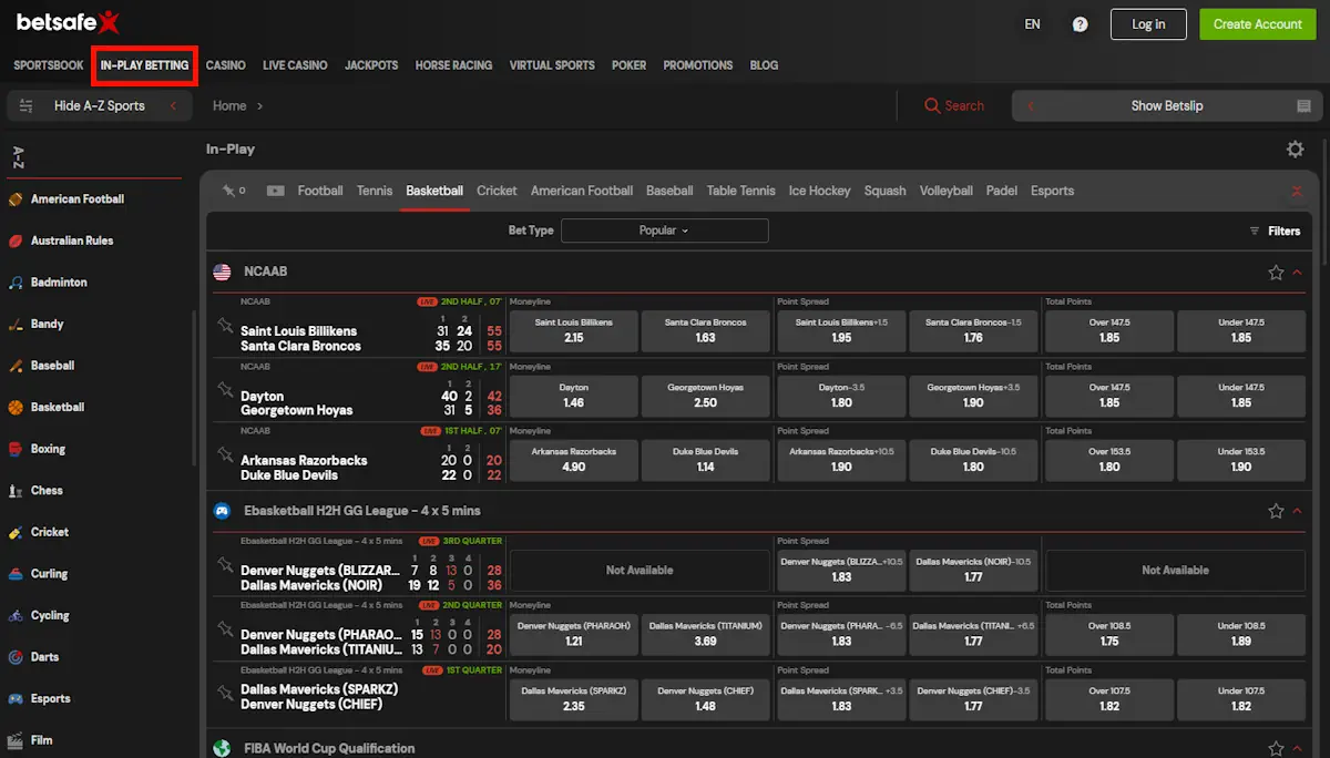 Betsafe Live Betting Screenshot